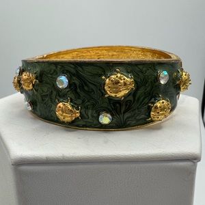 Ladybug Enamel Rhinestone Hinged Bangle Bracelet Green